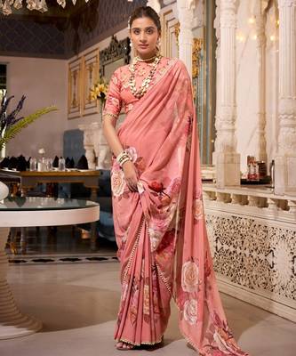 Orange georgette smart floral printed saree with pearl lace border 1