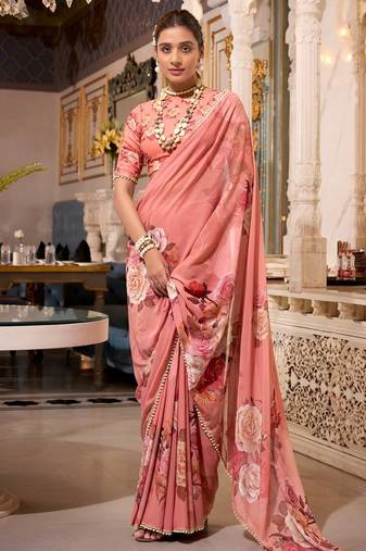Orange georgette smart floral printed saree with pearl lace border