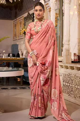 Orange georgette smart floral printed saree with pearl lace border