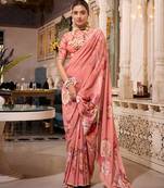 Orange georgette smart floral printed saree with pearl lace border
