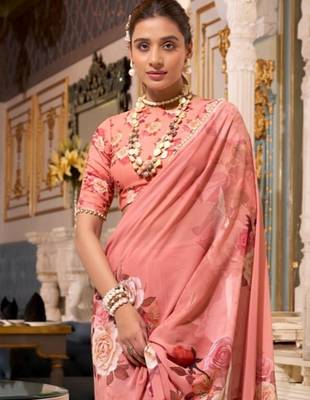 Orange georgette smart floral printed saree with pearl lace border 2