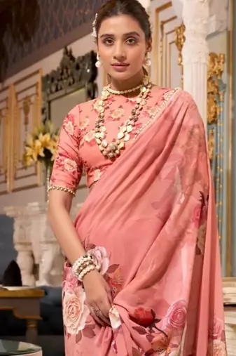 Orange georgette smart floral printed saree with pearl lace border