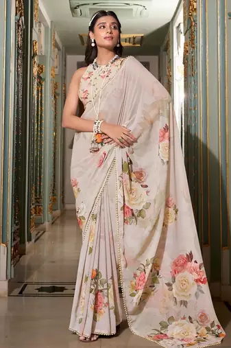 Off white georgette smart floral printed saree with pearl lace border