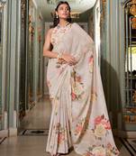 Off white georgette smart floral printed saree with pearl lace border