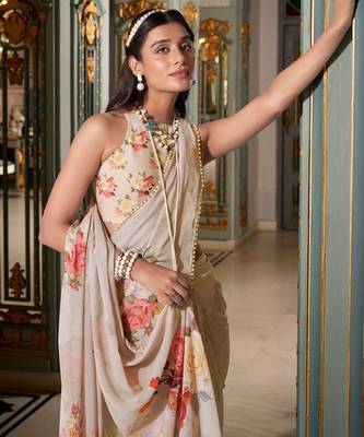 Off white georgette smart floral printed saree with pearl lace border 2