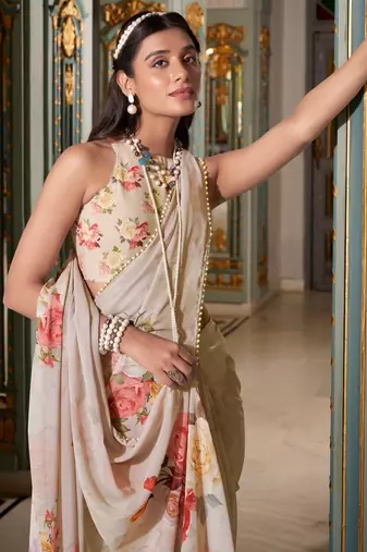 Off white georgette smart floral printed saree with pearl lace border
