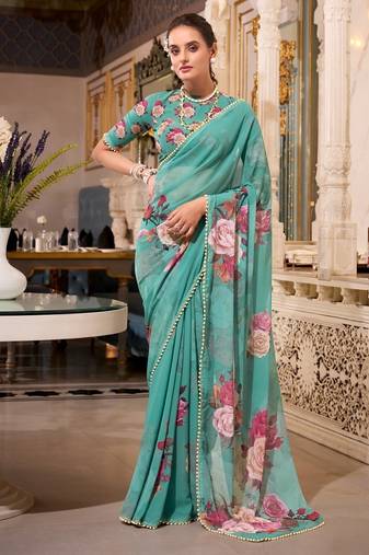 Green georgette smart floral printed saree with pearl lace border