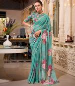 Green georgette smart floral printed saree with pearl lace border