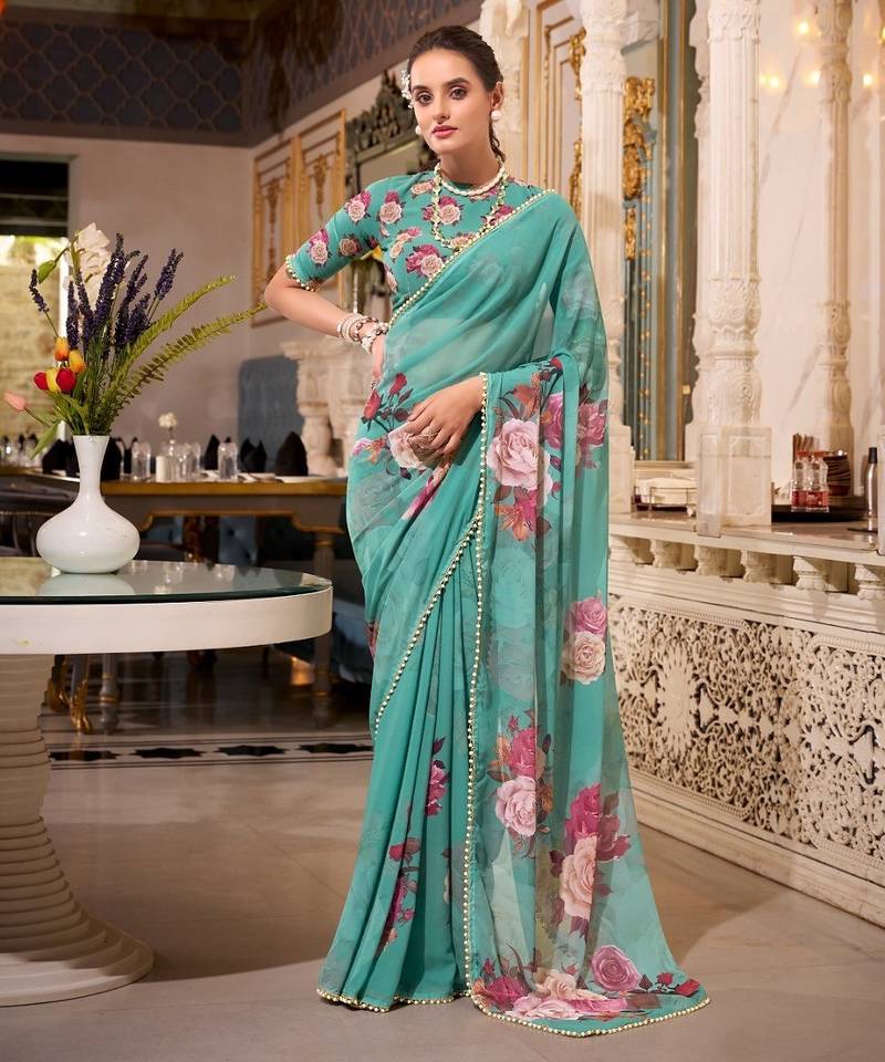 Green georgette smart floral printed saree with pearl lace border