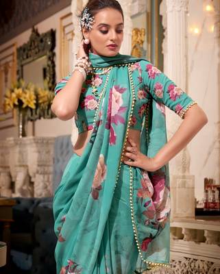 Green georgette smart floral printed saree with pearl lace border 2