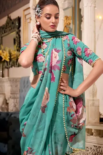 Green georgette smart floral printed saree with pearl lace border