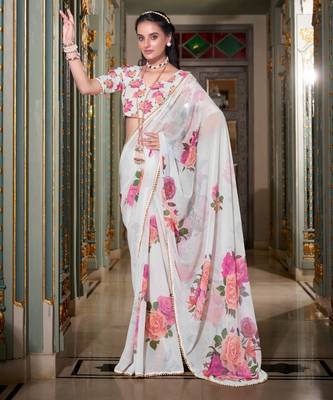 White georgette smart floral printed saree with pearl lace border 1