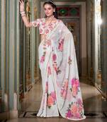 White georgette smart floral printed saree with pearl lace border