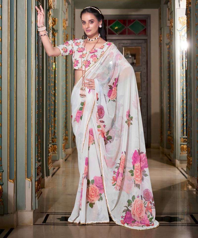 White georgette smart floral printed saree with pearl lace border