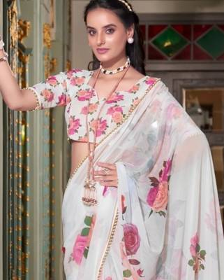 White georgette smart floral printed saree with pearl lace border 2