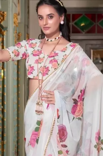 White georgette smart floral printed saree with pearl lace border