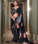 Black georgette smart floral printed saree with pearl lace border