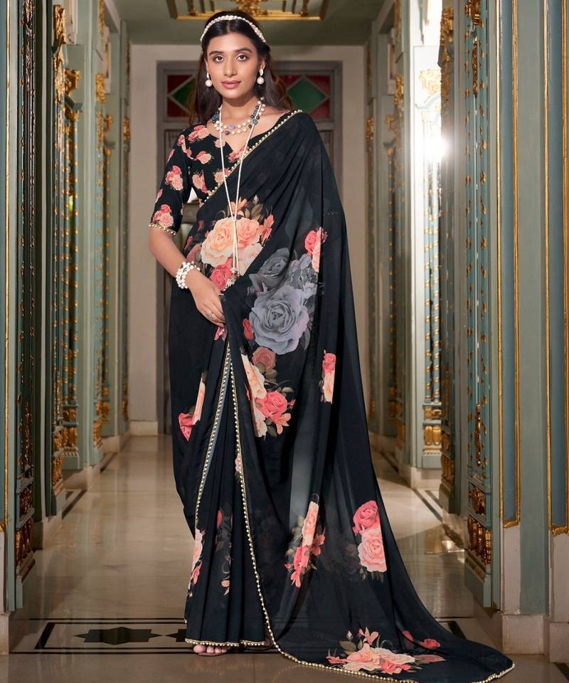 Black georgette smart floral printed saree with pearl lace border
