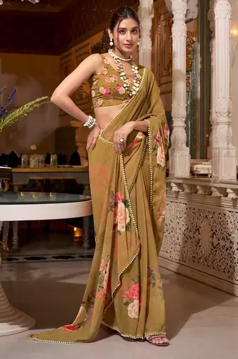 Brown georgette smart floral printed saree with pearl lace border