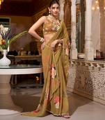 Brown georgette smart floral printed saree with pearl lace border