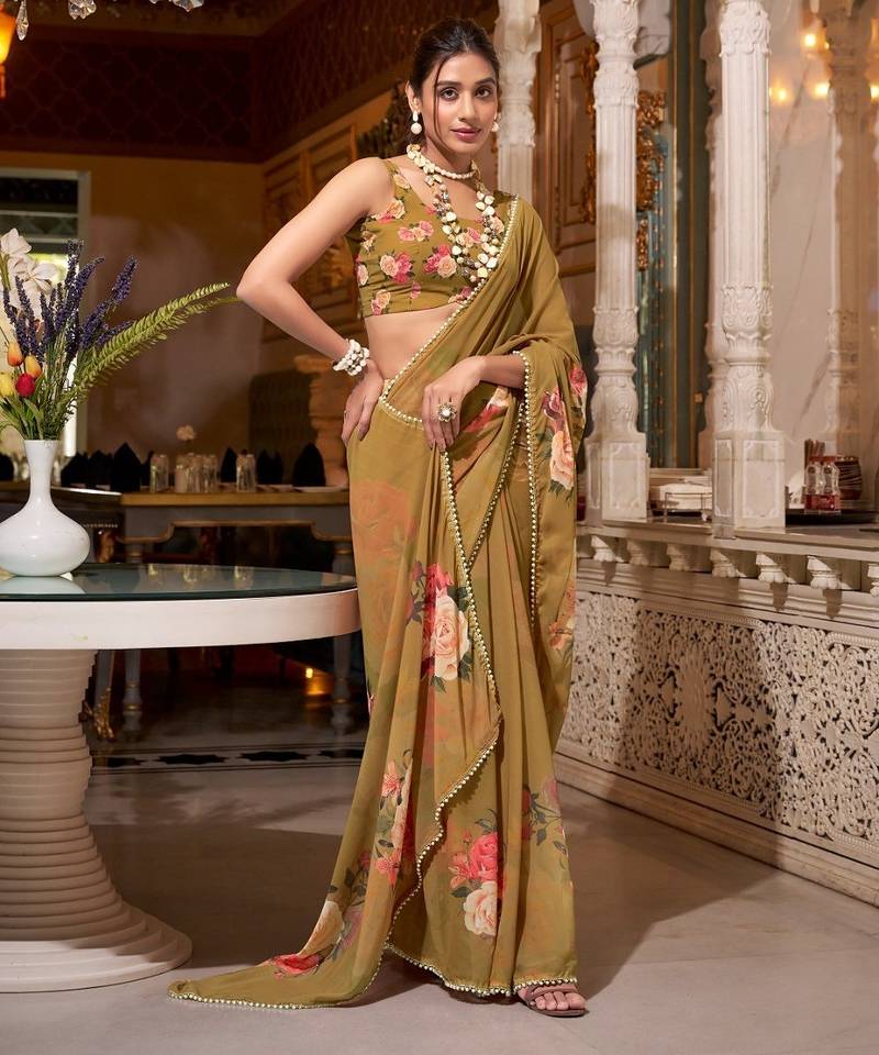 Brown georgette smart floral printed saree with pearl lace border