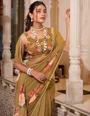 Brown georgette smart floral printed saree with pearl lace border 2