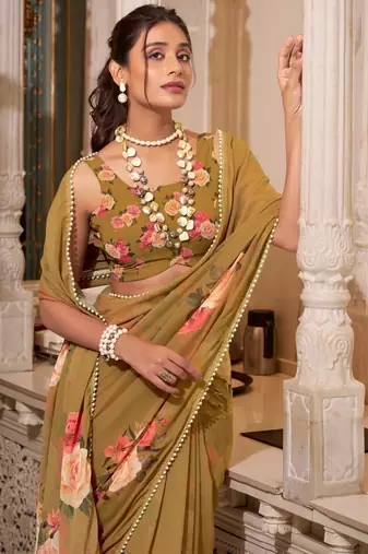 Brown georgette smart floral printed saree with pearl lace border