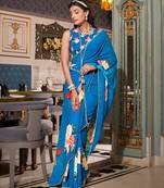 Firozi georgette smart floral printed saree with pearl lace border