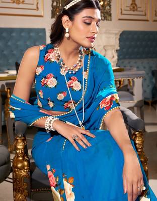 Firozi georgette smart floral printed saree with pearl lace border 2