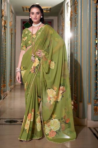 Mahendi georgette smart floral printed saree with pearl lace border