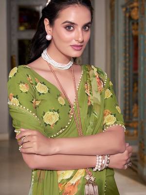 Mahendi georgette smart floral printed saree with pearl lace border 2