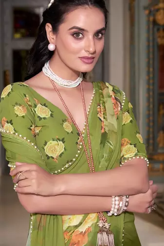 Mahendi georgette smart floral printed saree with pearl lace border