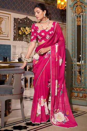 Pink georgette smart floral printed saree with pearl lace border