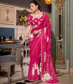 Pink georgette smart floral printed saree with pearl lace border