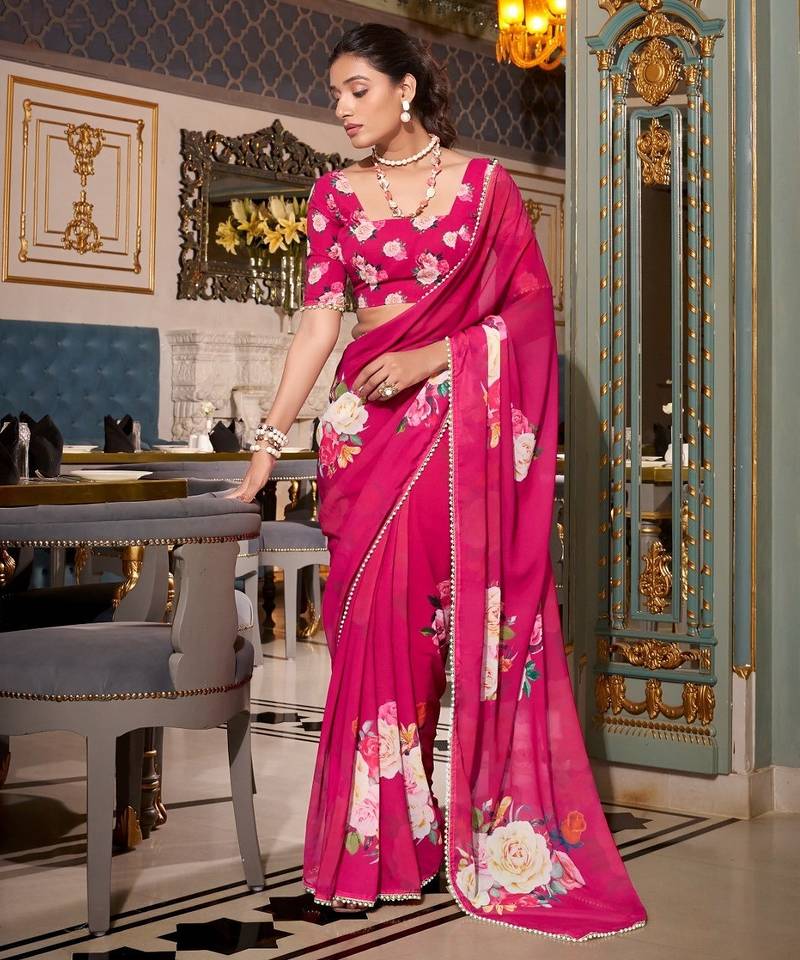 Pink georgette smart floral printed saree with pearl lace border