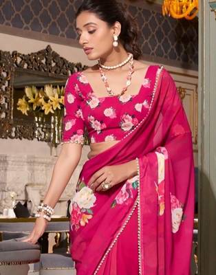 Pink georgette smart floral printed saree with pearl lace border 2