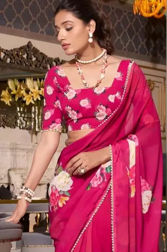 Pink georgette smart floral printed saree with pearl lace border