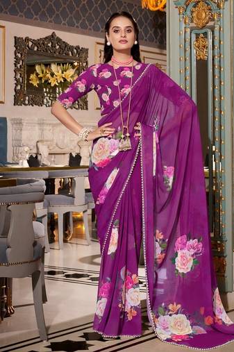 Purple georgette smart floral printed saree with pearl lace border