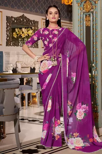 Purple georgette smart floral printed saree with pearl lace border