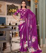 Purple georgette smart floral printed saree with pearl lace border