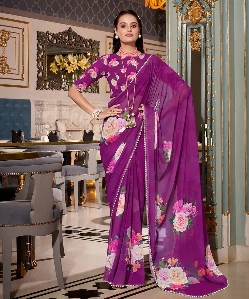 Purple georgette smart floral printed saree with pearl lace border