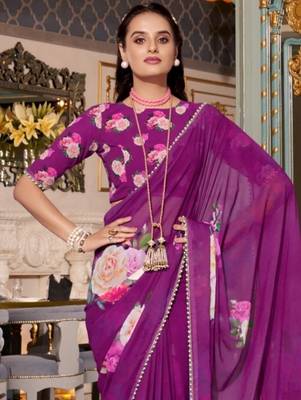 Purple georgette smart floral printed saree with pearl lace border 2