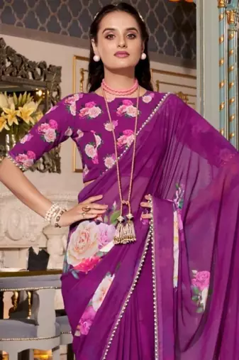Purple georgette smart floral printed saree with pearl lace border