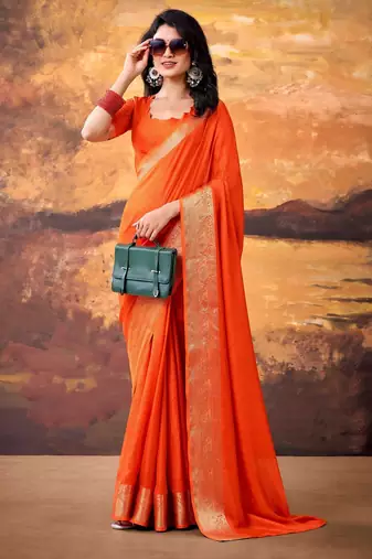 Orange mass mello woven zari ethnic ceremonial saree