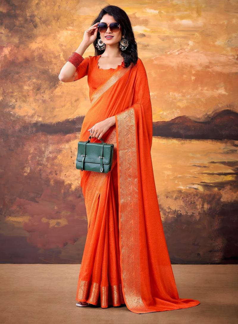 Orange mass mello woven zari ethnic ceremonial saree
