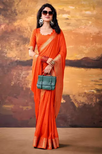 Orange mass mello woven zari ethnic ceremonial saree