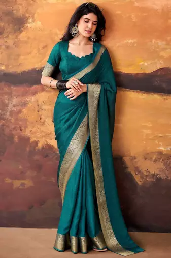 Teal mass mello woven zari ethnic ceremonial saree