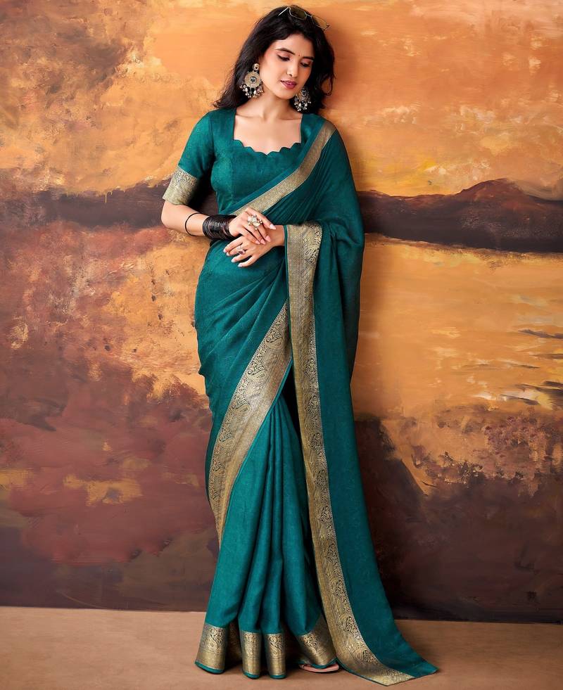 Teal mass mello woven zari ethnic ceremonial saree