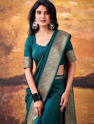 Teal mass mello woven zari ethnic ceremonial saree 2