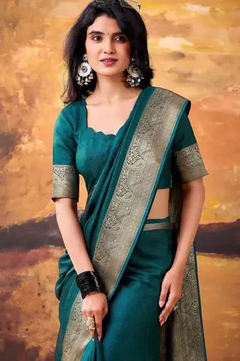 Teal mass mello woven zari ethnic ceremonial saree